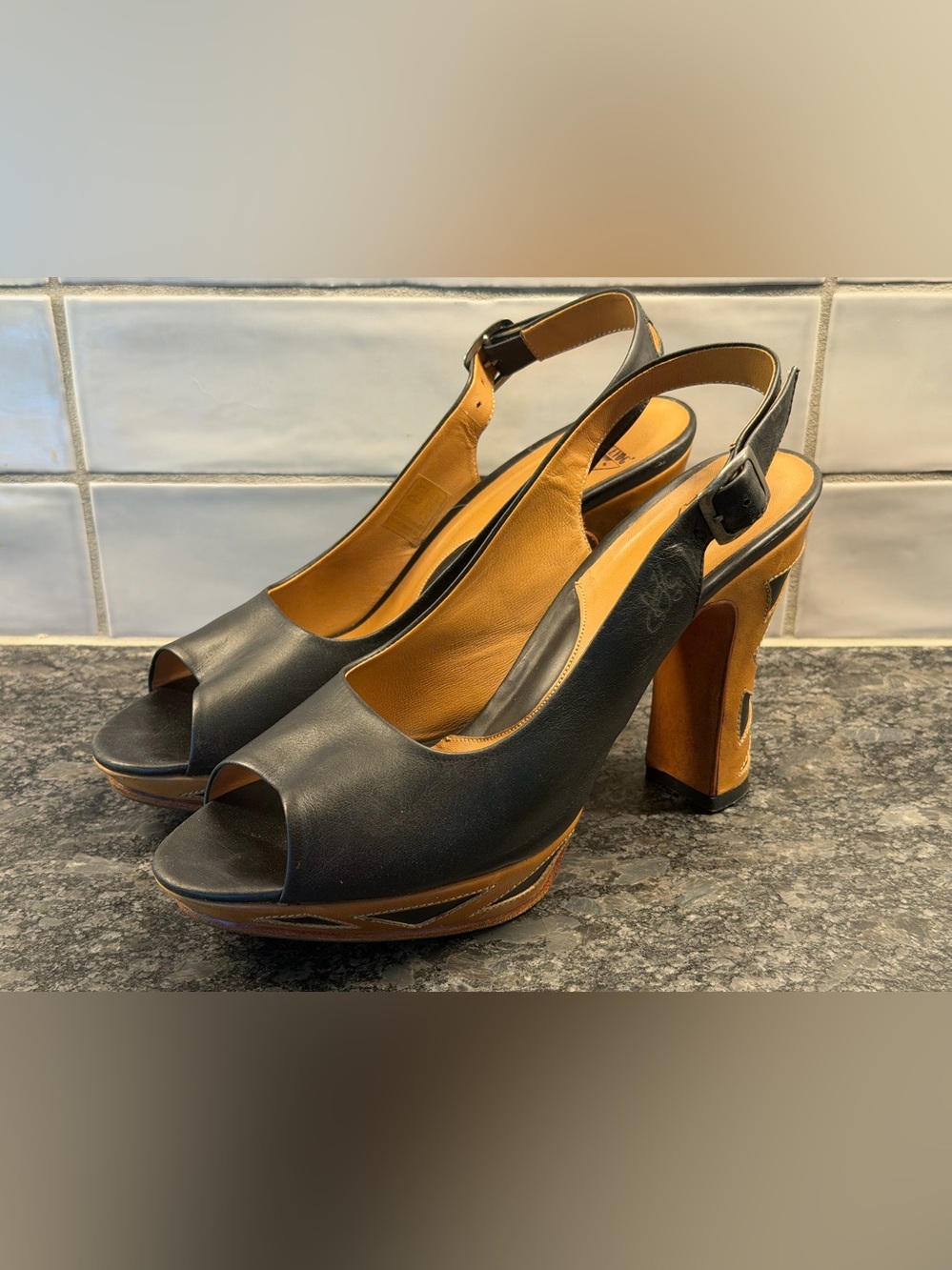 John Fluevog Women's Black and Tan Leather Peep-Toe Slingback Heels size 9